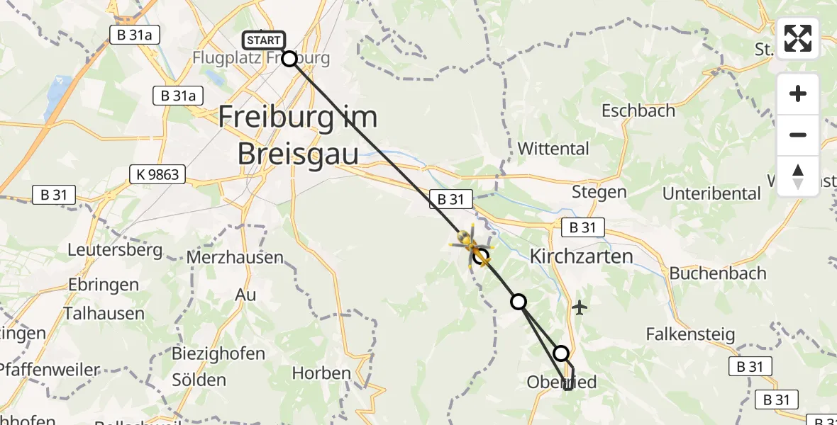 Flugroute Ambulanzhubschrauber Freiburg im Breisgau Flugplatz - Freiburg im Breisgau, 25 Juni 2026, 11:01