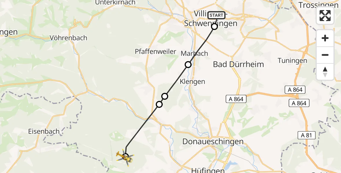Flugroute Ambulanzhubschrauber DRF Air Rescue Station Villingen-Schwenningen Hubschrauberlandeplatz (Christoph 11) - Bräunlingen, 25 Juni 2026, 11:04