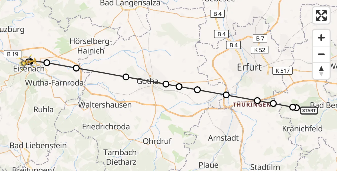 Flugroute Ambulanzhubschrauber Tonndorf - Sankt Georg Hospital Eisenach, 25 Juni 2026, 11:11