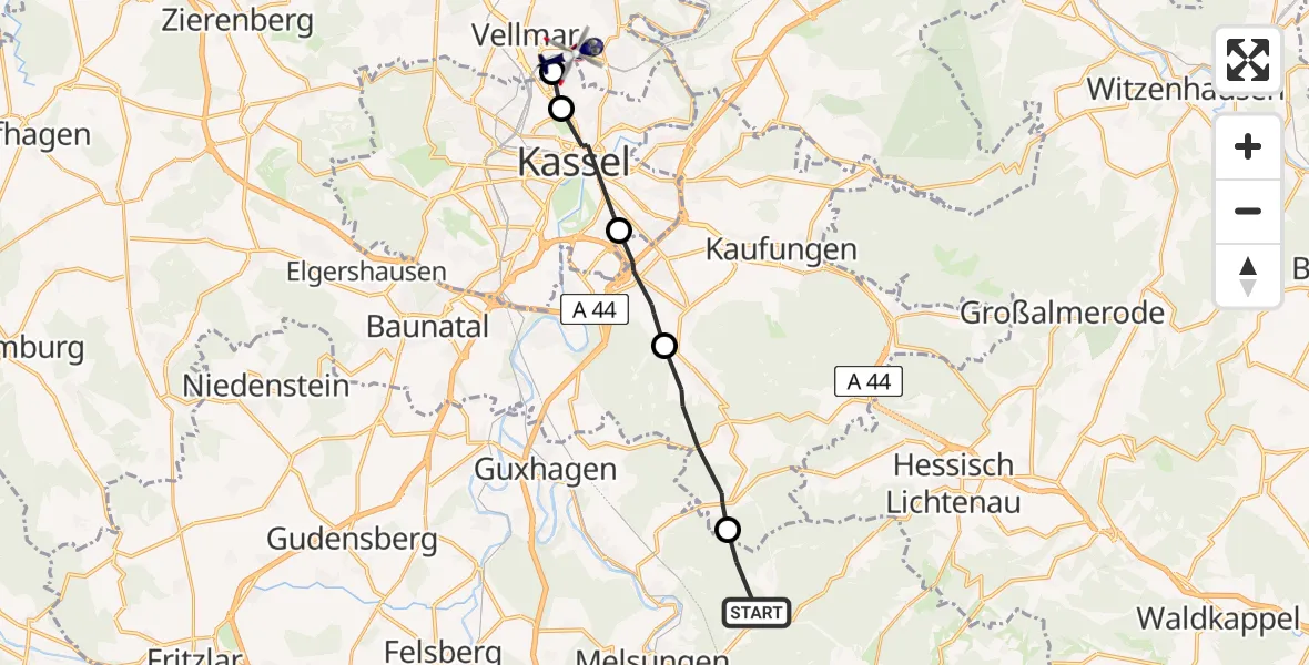 Flugroute Polizeihubschrauber Melsungen - Vellmar, 25 Juni 2026, 11:19