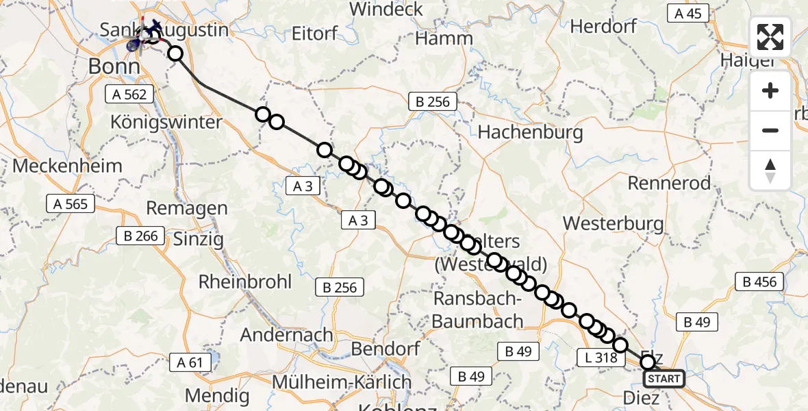 Flugroute Polizeihubschrauber Limburg a.d.Lahn - Sankt Augustin, 25 Juni 2026, 11:26