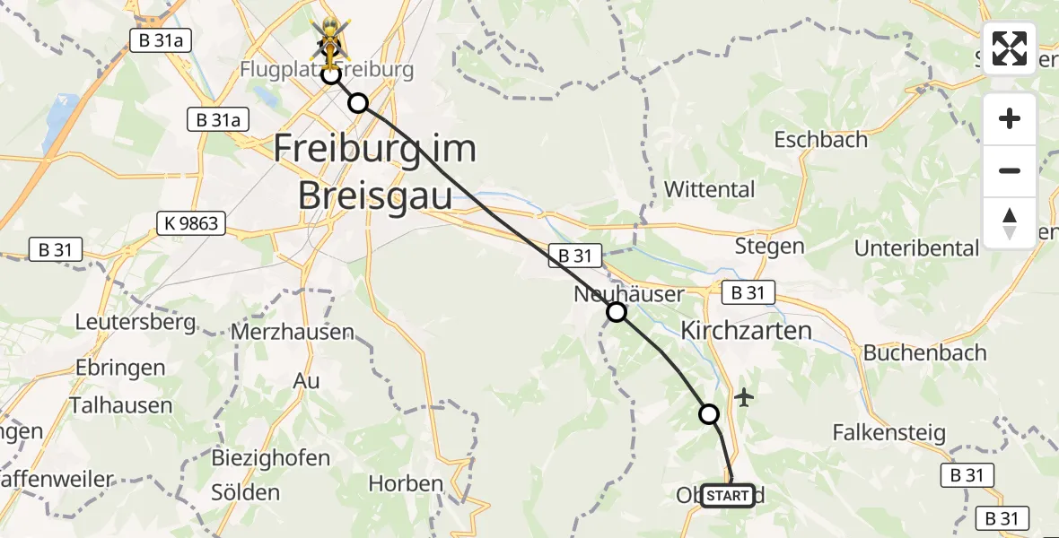Flugroute Ambulanzhubschrauber Oberried - Freiburg im Breisgau Flugplatz, 25 Juni 2026, 11:31