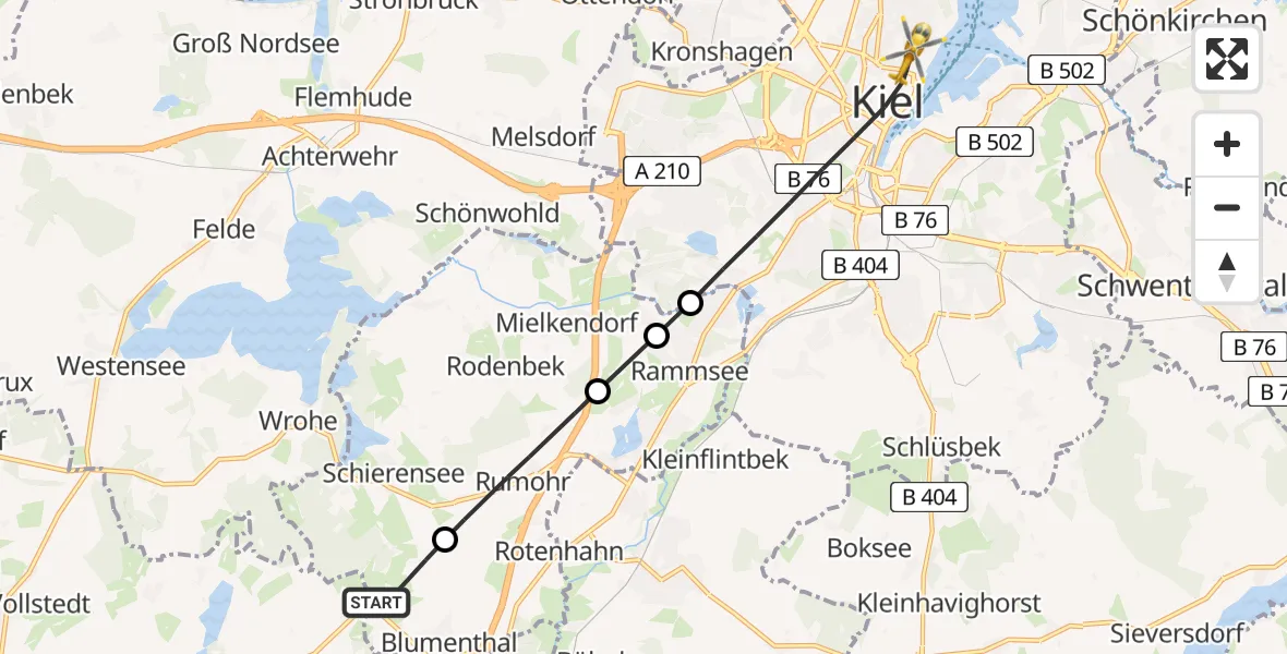 Flugroute Ambulanzhubschrauber Blumenthal - Kiel, 25 Juni 2026, 11:32