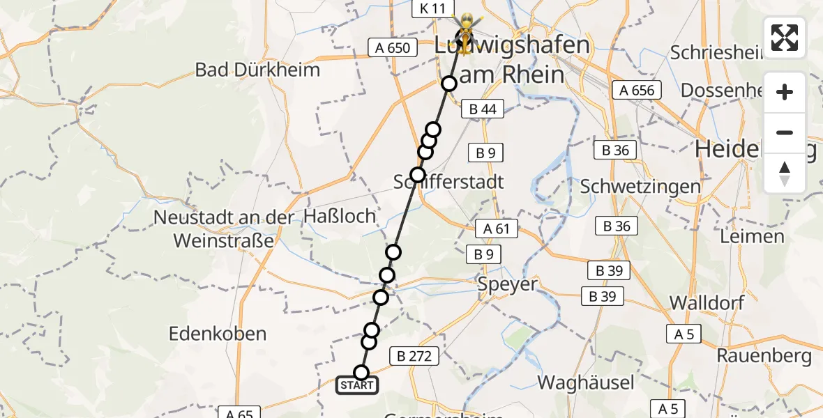 Flugroute Rettungshubschrauber Lustadt - Ludwigshafen Accident Hospital, 25 Juni 2026, 11:36