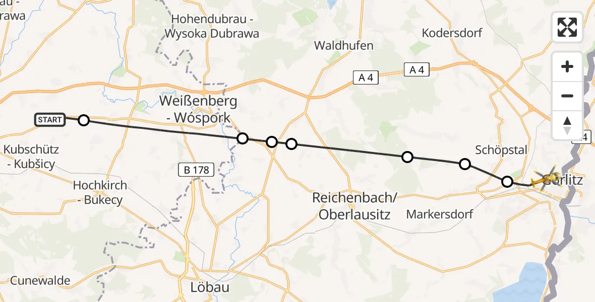 Flugroute Rettungshubschrauber Bautzen Flugplatz - Görlitz, 25 Juni 2026, 11:37