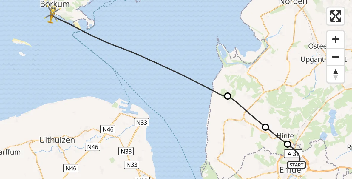 Flugroute Ambulanzhubschrauber Emden - Noordzee, 25 Juni 2026, 11:40