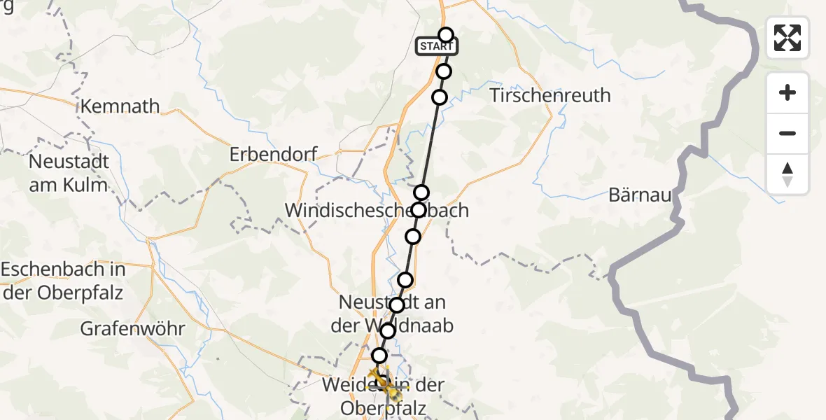 Flugroute Rettungshubschrauber Wiesau - Weiden Hospital, 25 Juni 2026, 11:51