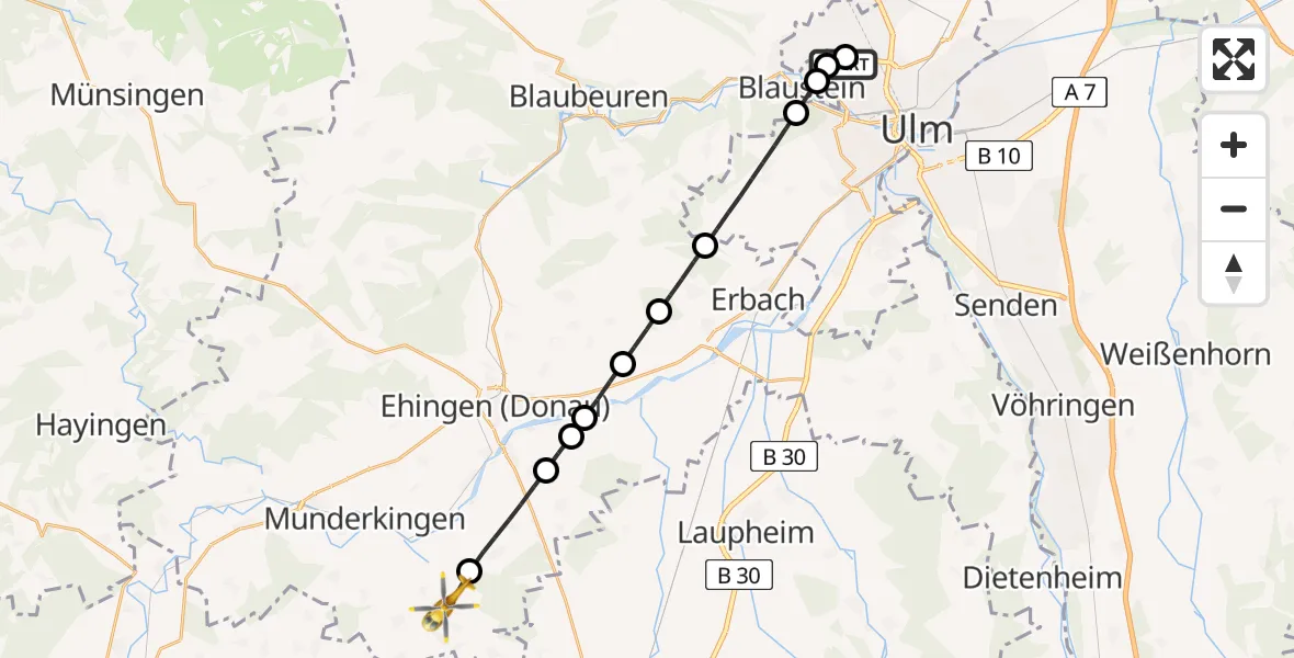 Flugroute Rettungshubschrauber Ulm Military Hospital Emergency - Unterstadion, 25 Juni 2026, 11:53