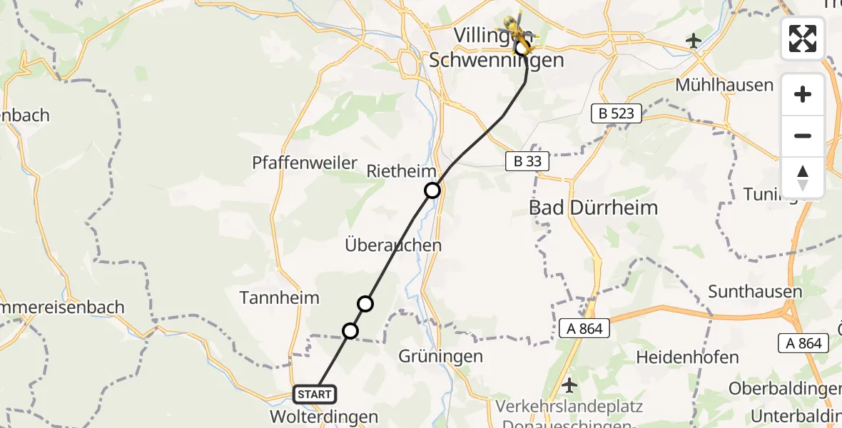Flugroute Ambulanzhubschrauber Donaueschingen - DRF Air Rescue Station Villingen-Schwenningen Hubschrauberlandeplatz (Christoph 11), 25 Juni 2026, 11:54