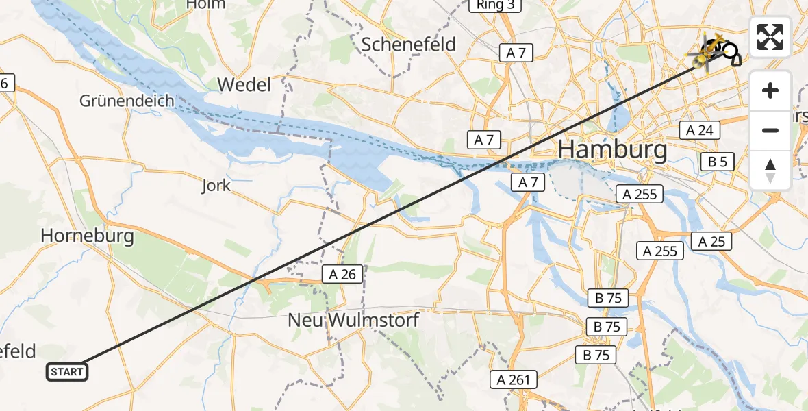 Flugroute Rettungshubschrauber Harsefeld - Hamburg Military Hospital, 25 Juni 2026, 11:55