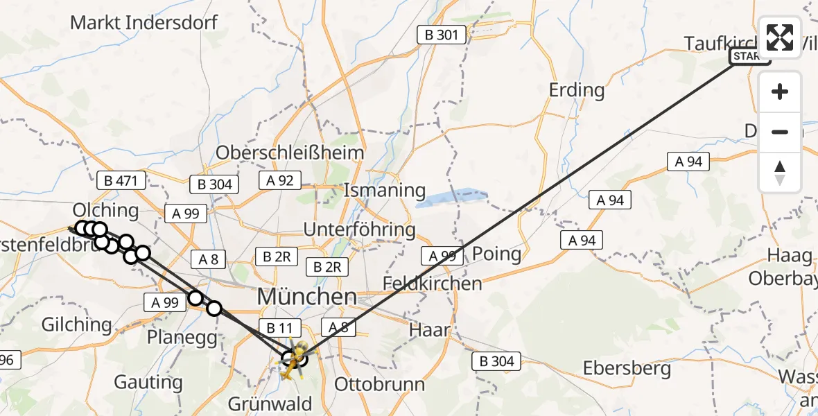 Flugroute Rettungshubschrauber Taufkirchen (Vils) - ADAC Air Rescue Center Hubschrauberlandeplatz (Christoph 1), 25 Juni 2026, 11:57