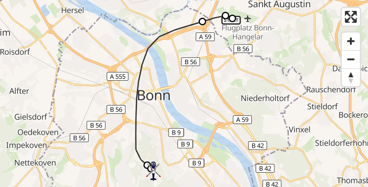 Flugroute Polizeihubschrauber Sankt Augustin - Bonn University Hospital, 25 Juni 2026, 12:01