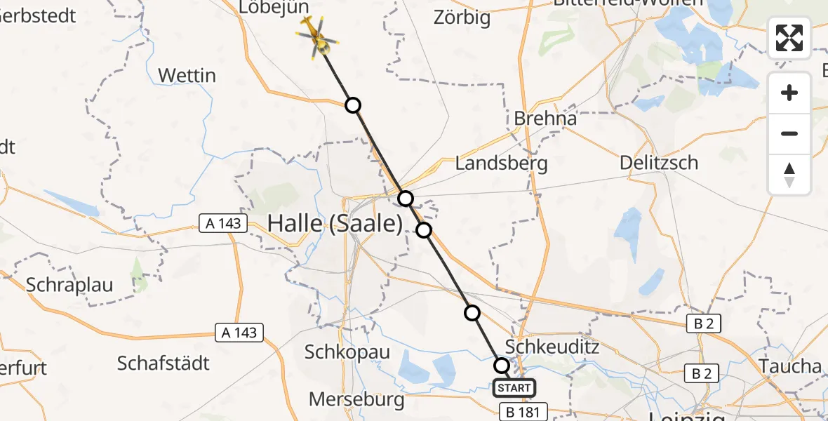 Flugroute Rettungshubschrauber Leuna - Petersberg, 25 Juni 2026, 12:02
