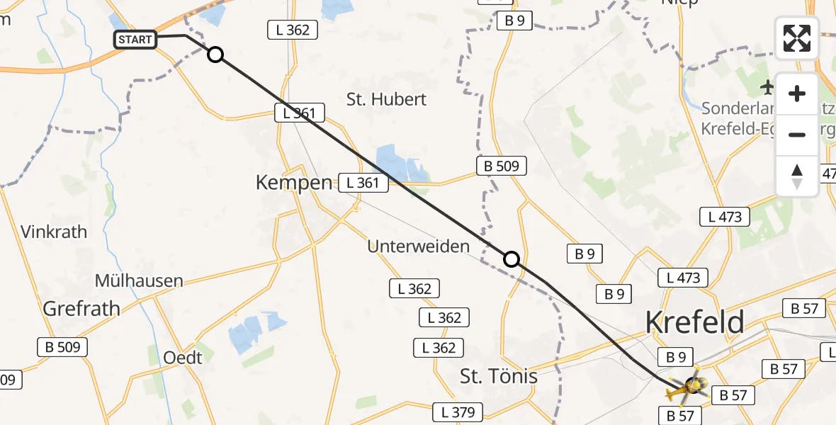 Flugroute Rettungshubschrauber Wachtendonk - Helios Klinik Krefeld Hubschrauberlandeplatz, 25 Juni 2026, 12:03