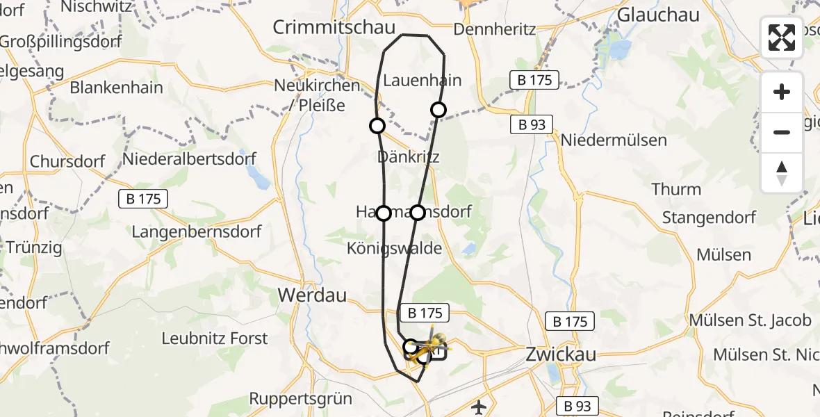 Flugroute Rettungshubschrauber ADAC Air Rescue Station Zwickau Hubschrauberlandeplatz - ADAC Air Rescue Station Zwickau Hubschrauberlandeplatz, 25 Juni 2026, 12:12