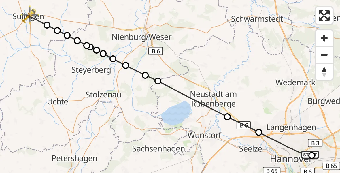 Flugroute Rettungshubschrauber Hannover Luftrettung Hubschrauberlandeplatz (Christoph 4) - Sulingen, 25 Juni 2026, 12:13