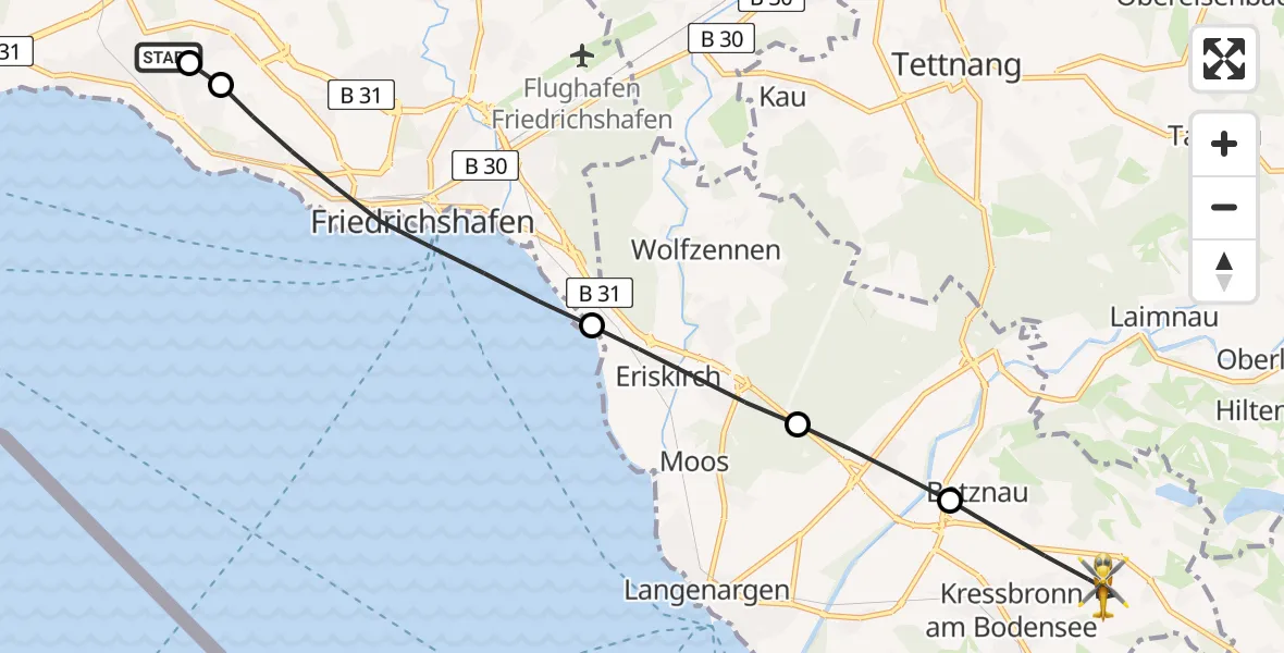 Flugroute Rettungshubschrauber Friedrichshafen Hospital - Kressbronn am Bodensee, 25 Juni 2026, 12:16