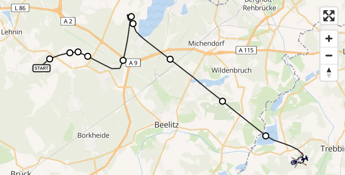 Flugroute Polizeihubschrauber Beelitz - Schönhagen Flugplatz, 25 Juni 2026, 12:16
