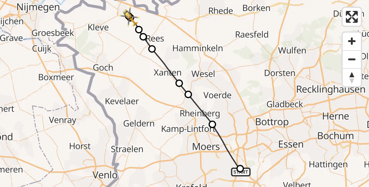 Flugroute Rettungshubschrauber Duisburg Air Rescue Hubschrauberlandeplatz (Christoph 9) - Emmerich am Rhein, 25 Juni 2026, 12:18