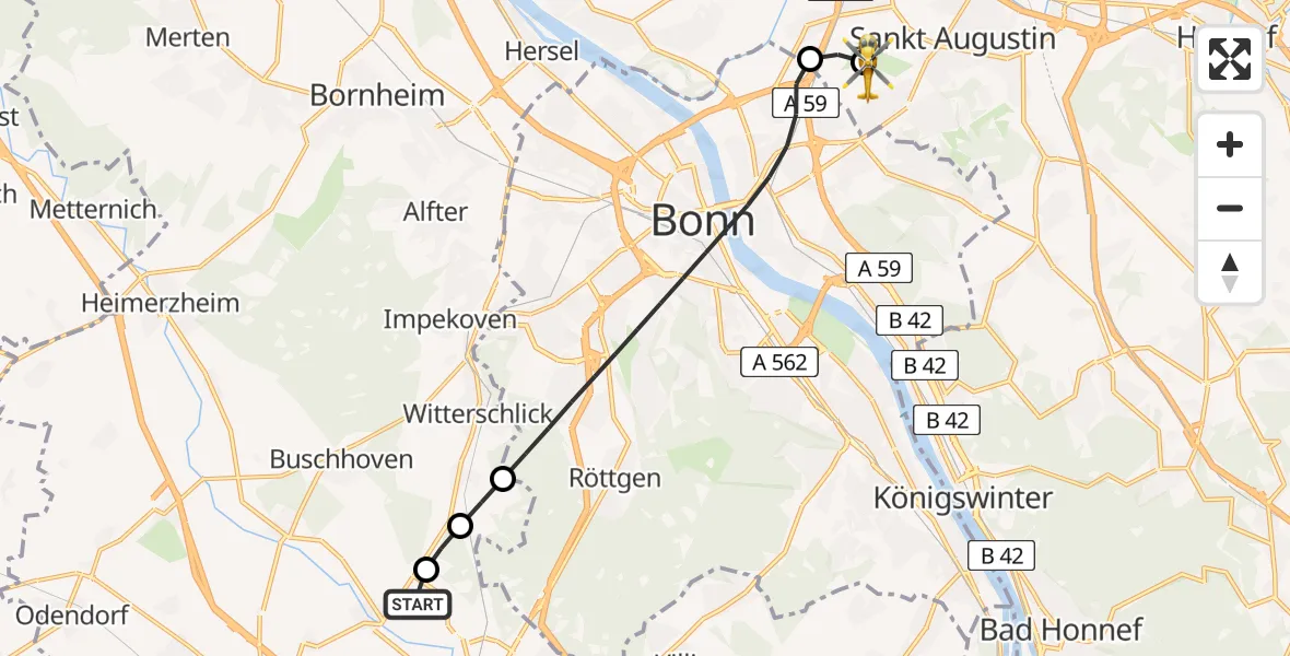Flugroute Rettungshubschrauber Meckenheim - Bonn-Hangelar Flugplatz, 25 Juni 2026, 12:18