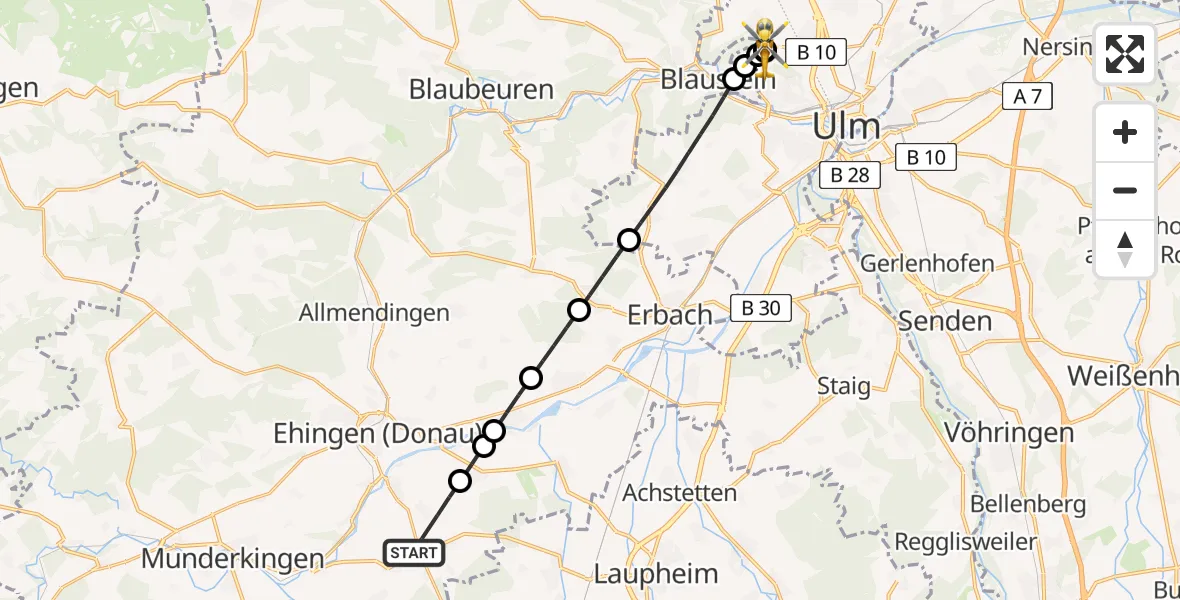 Flugroute Rettungshubschrauber Ehingen (Donau) - ADAC Air Rescue Station Ulm (Christoph 22), 25 Juni 2026, 12:21