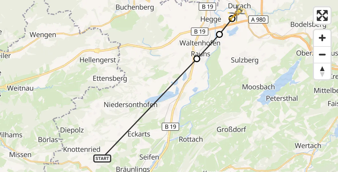 Flugroute Rettungshubschrauber Immenstadt i.Allgäu - Kempten-Durach Flugplatz, 25 Juni 2026, 12:25