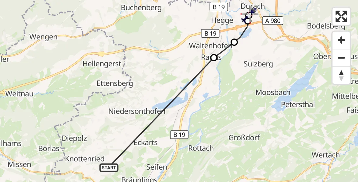 Flugroute Polizeihubschrauber Immenstadt i.Allgäu - Kempten-Durach Flugplatz, 25 Juni 2026, 12:26