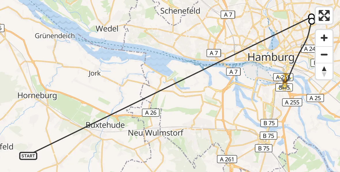 Flugroute Rettungshubschrauber Harsefeld - Hamburg, 25 Juni 2026, 12:28