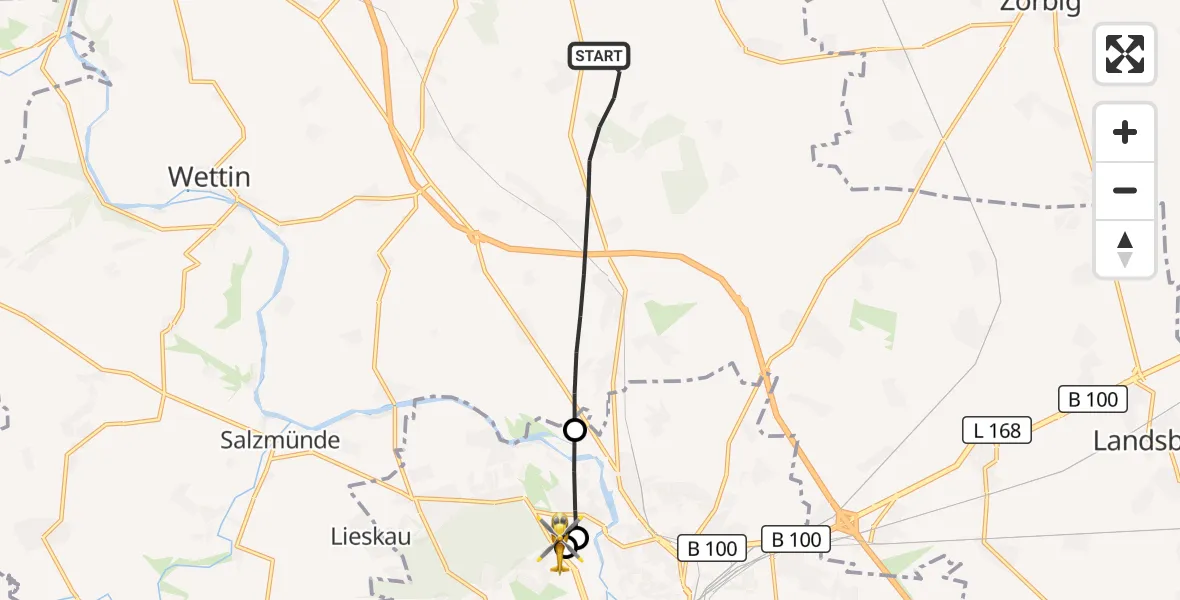 Flugroute Rettungshubschrauber Petersberg - Halle (Saale) University Hospital, 25 Juni 2026, 12:37