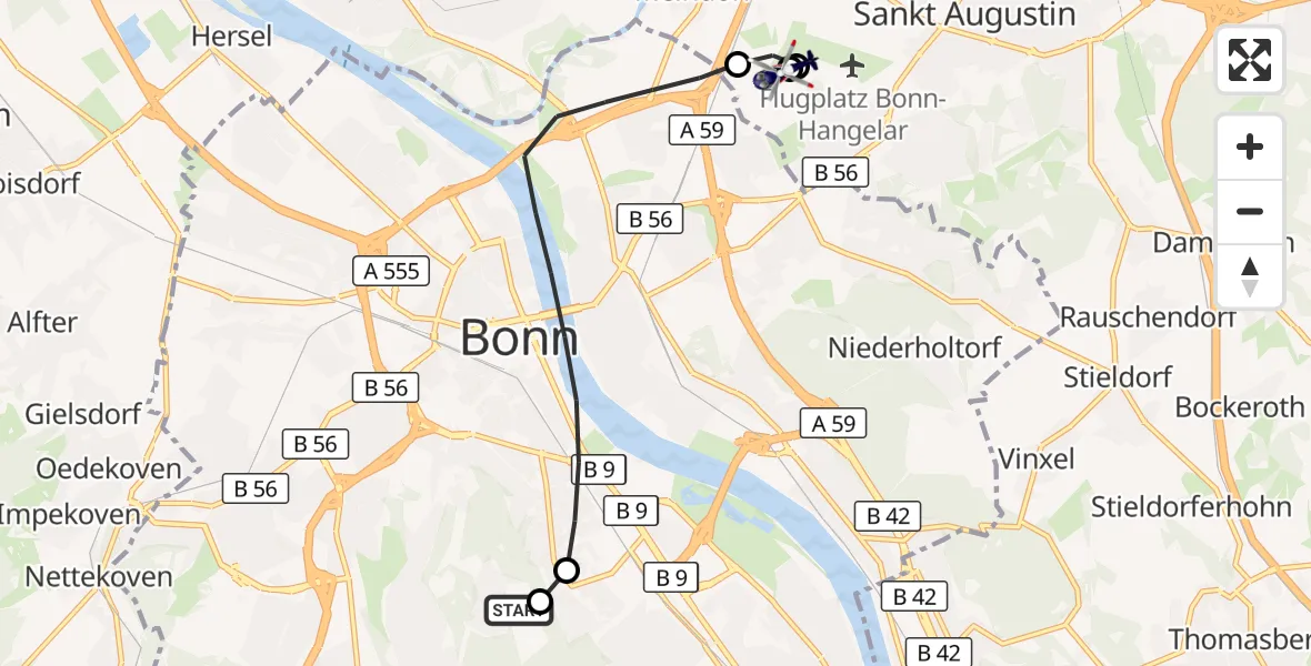 Flugroute Polizeihubschrauber Bonn University Hospital - Sankt Augustin, 25 Juni 2026, 12:40