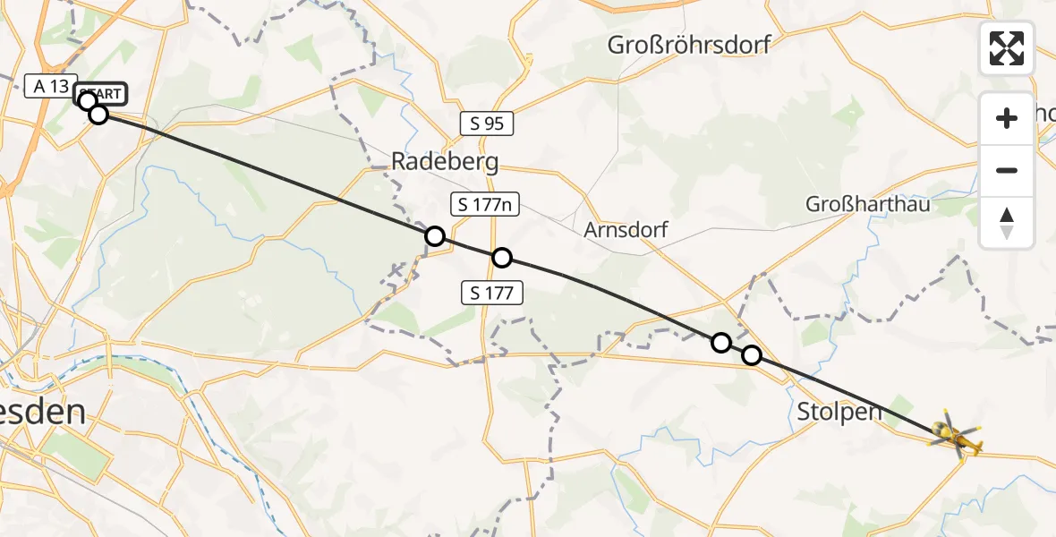 Flugroute Rettungshubschrauber Dresden Bundespolizei Hubschrauberlandeplatz - Stolpen, 25 Juni 2026, 12:43