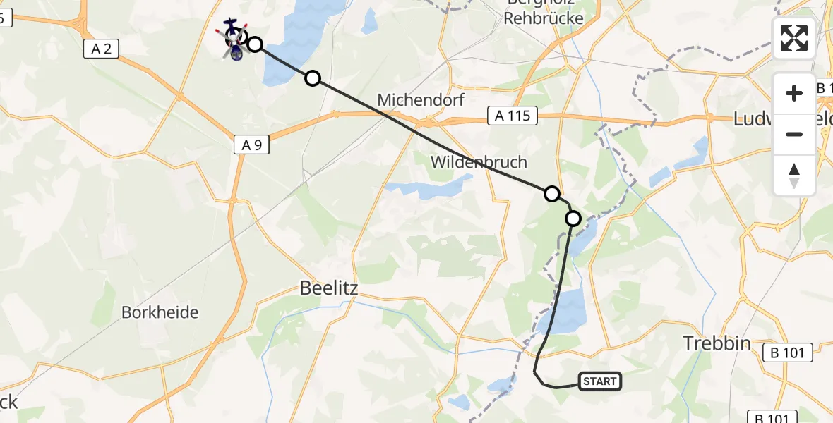 Flugroute Polizeihubschrauber Trebbin - Schwielowsee, 25 Juni 2026, 12:44