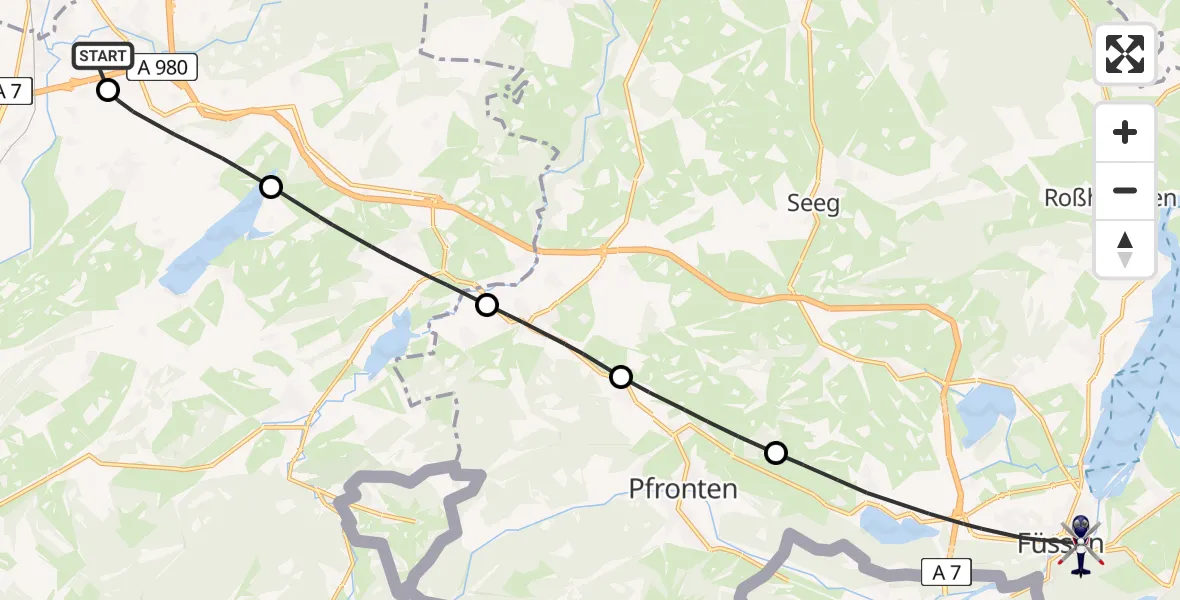 Flugroute Polizeihubschrauber Kempten-Durach Flugplatz - Füssen, 25 Juni 2026, 12:45