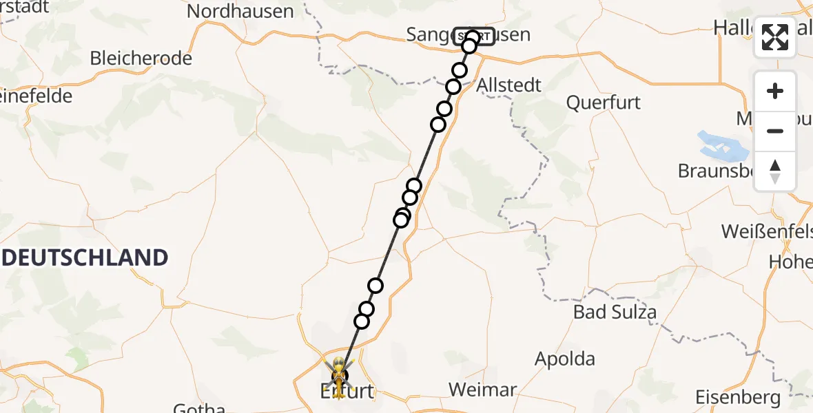 Flugroute Rettungshubschrauber Helios Clinic Mansfeld-Südharz - Helios Clinic Erfurt, 25 Juni 2026, 12:49