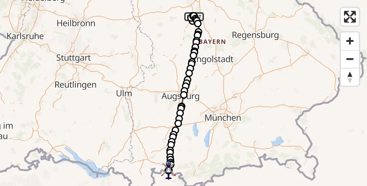 Flugroute Polizeihubschrauber Roth - Füssen, 25 Juni 2026, 12:53