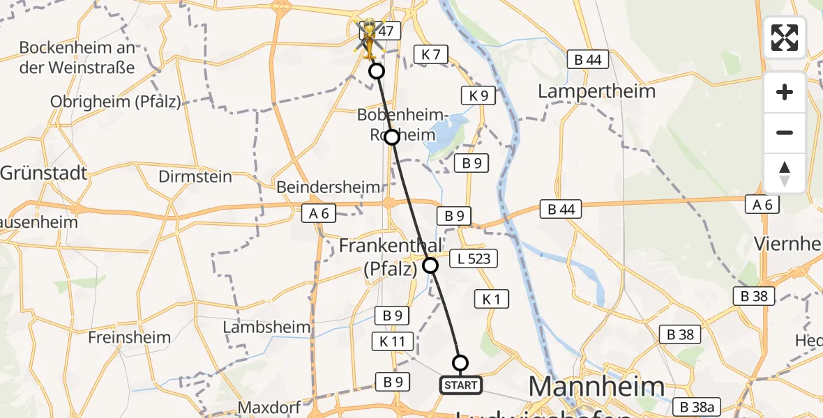 Flugroute Rettungshubschrauber Ludwigshafen Accident Hospital - Worms, 25 Juni 2026, 12:58
