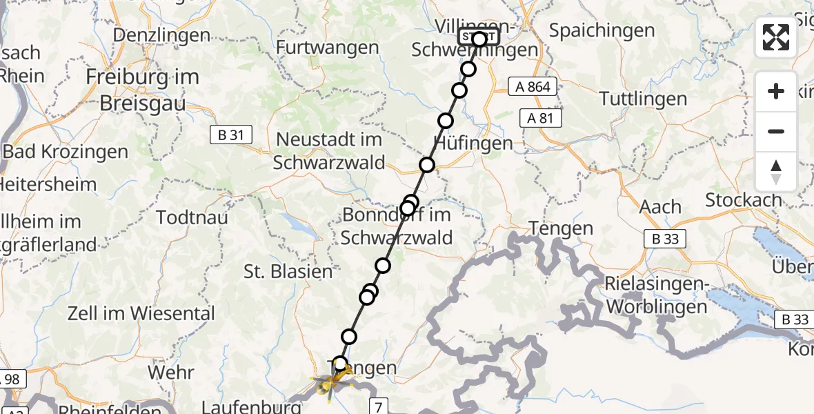 Flugroute Ambulanzhubschrauber DRF Air Rescue Station Villingen-Schwenningen Hubschrauberlandeplatz (Christoph 11) - Waldshut-Tiengen, 25 Juni 2026, 12:58