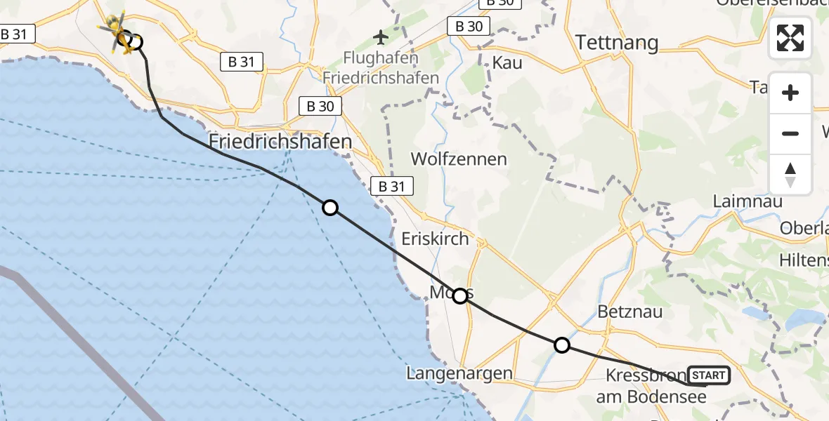 Flugroute Rettungshubschrauber Kressbronn am Bodensee - Friedrichshafen Hospital, 25 Juni 2026, 12:58