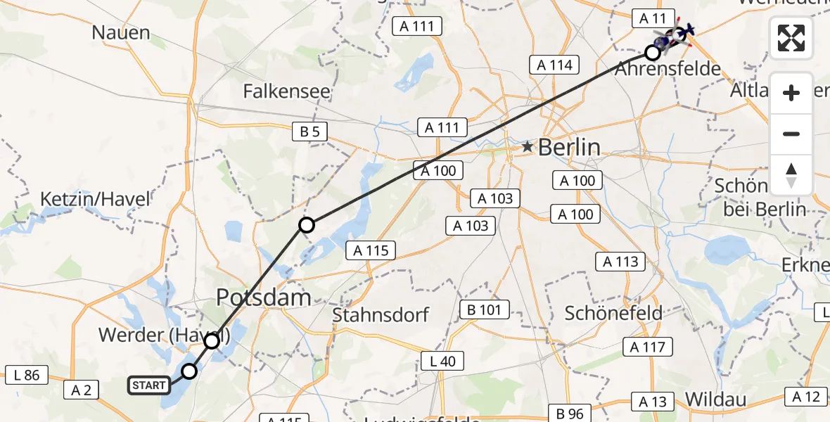 Flugroute Polizeihubschrauber Werder (Havel) - Ahrensfelde Hubschrauberlandeplatz, 25 Juni 2026, 12:59