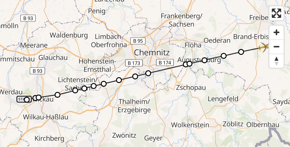 Flugroute Rettungshubschrauber ADAC Air Rescue Station Zwickau Hubschrauberlandeplatz - Lichtenberg/Erzgeb., 25 Juni 2026, 13:00