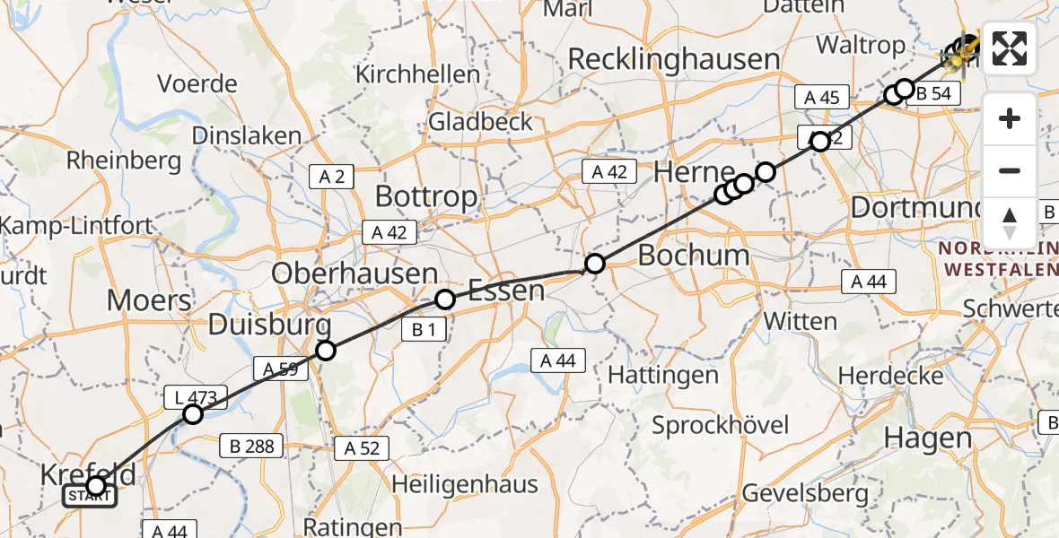 Flugroute Rettungshubschrauber Helios Clinic Krefeld - Sankt Marien Hospital, 25 Juni 2026, 13:02