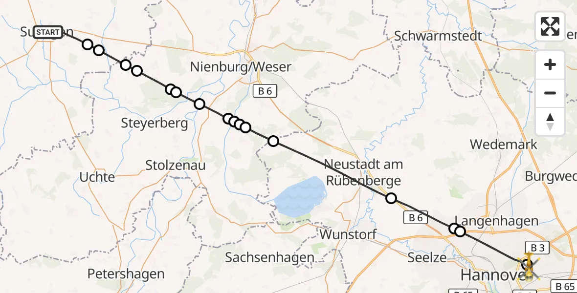 Flugroute Rettungshubschrauber Sulingen - Hannover Luftrettung Hubschrauberlandeplatz (Christoph 4), 25 Juni 2026, 13:04
