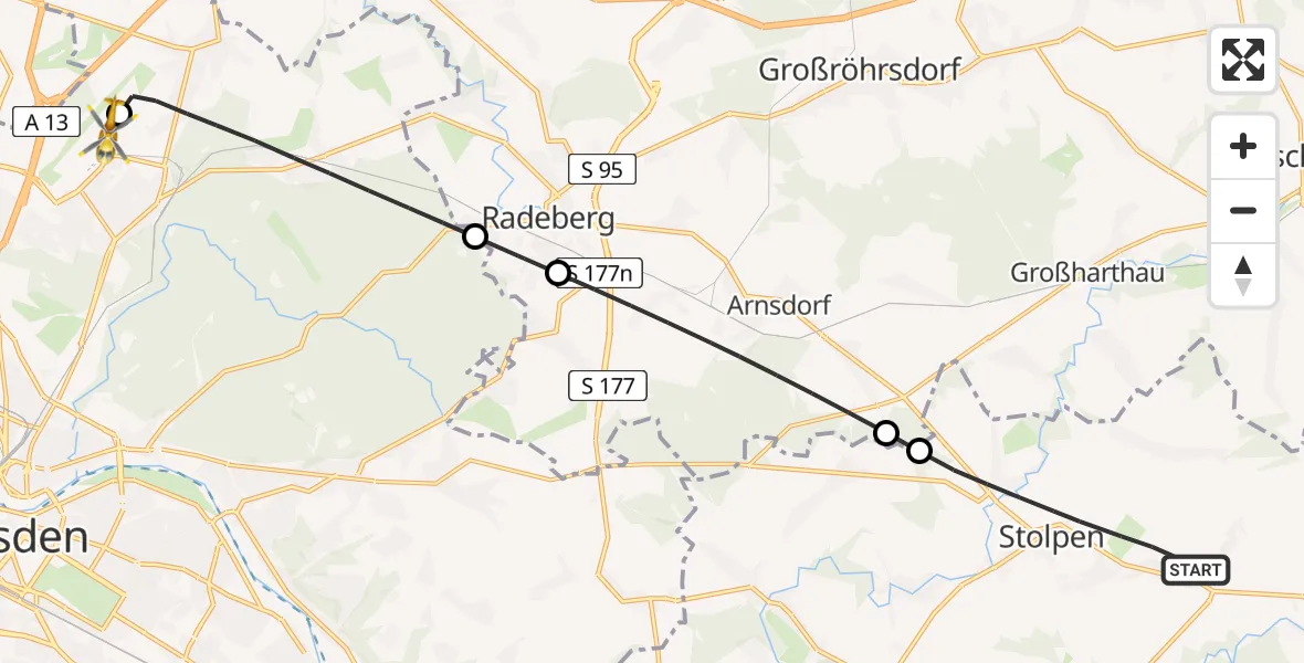 Flugroute Rettungshubschrauber Stolpen - Dresden Bundespolizei Hubschrauberlandeplatz, 25 Juni 2026, 13:10