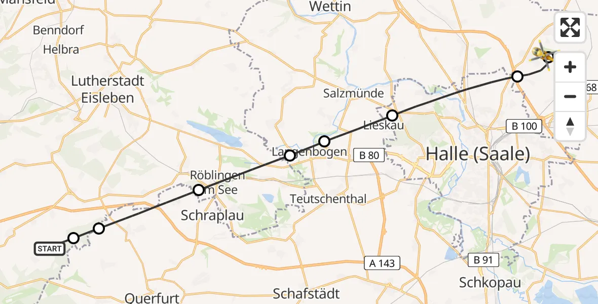 Flugroute Rettungshubschrauber Allstedt - Halle-Oppin Flugplatz, 25 Juni 2026, 13:15