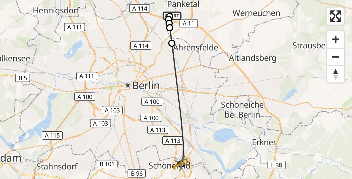 Flugroute Rettungshubschrauber Helios Clinic Berlin-Buch - Schönefeld, 25 Juni 2026, 13:17