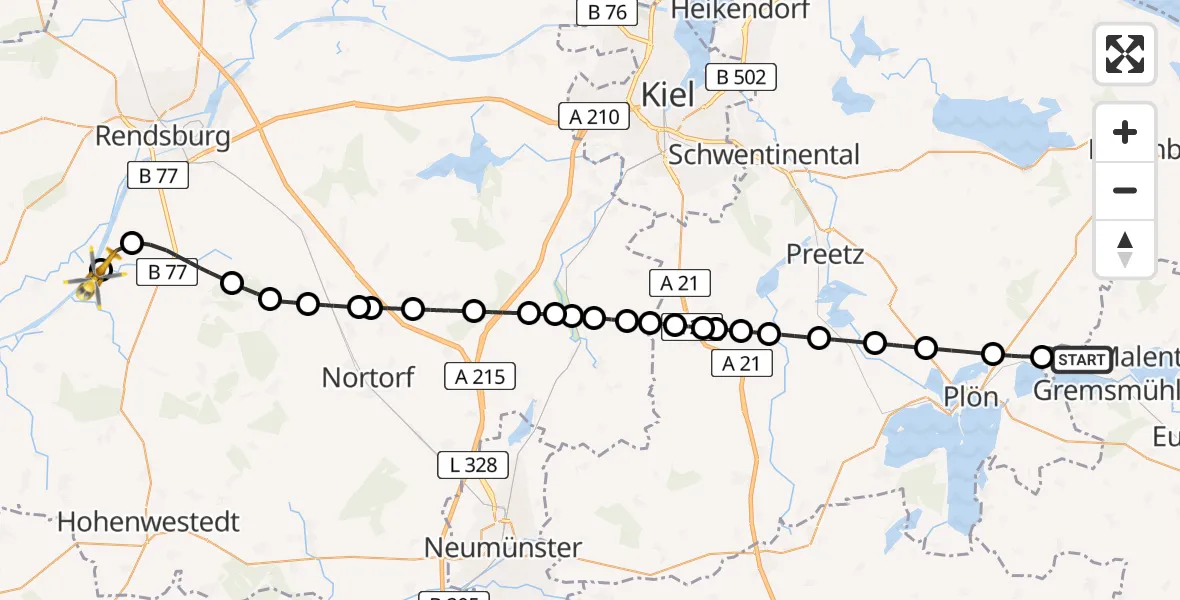 Flugroute Ambulanzhubschrauber Malente - Hörsten, 25 Juni 2026, 13:19