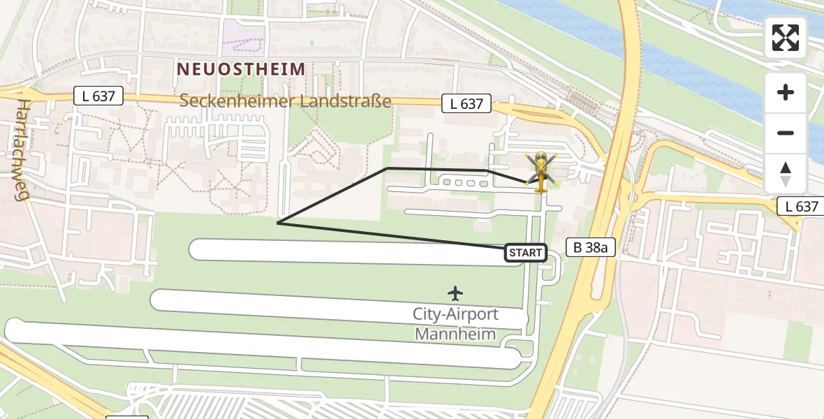 Flugroute Rettungshubschrauber Mannheim-City Flughafen - Mannheim-City Flughafen, 25 Juni 2026, 13:21