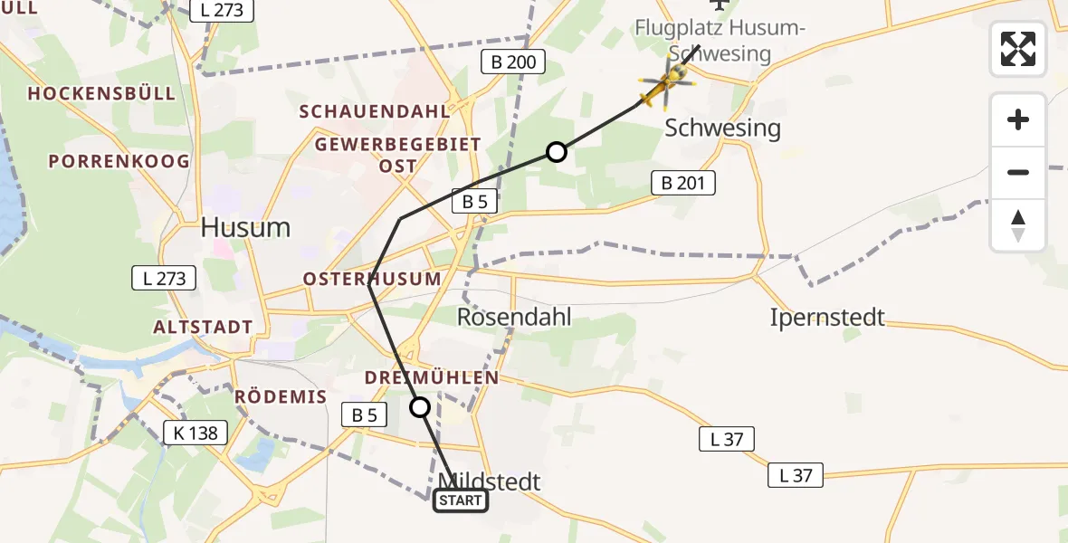 Flugroute Rettungshubschrauber Mildstedt - Schwesing, 25 Juni 2026, 13:22