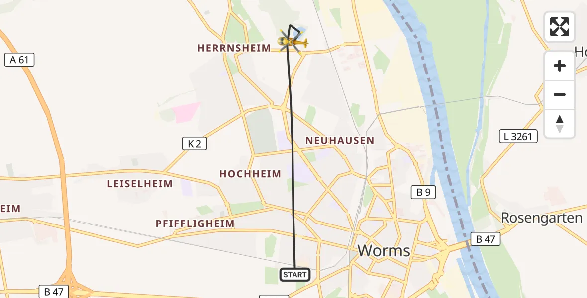 Flugroute Rettungshubschrauber Worms - Worms, 25 Juni 2026, 13:23