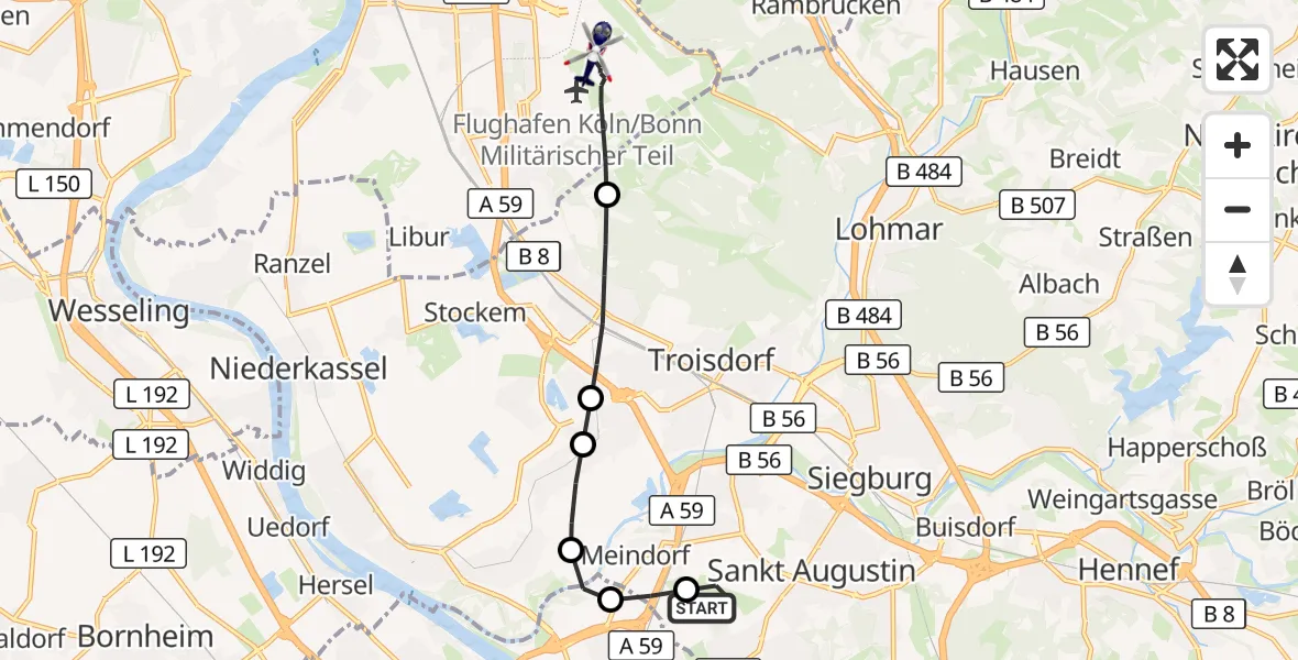Flugroute Polizeihubschrauber Bonn-Hangelar Flugplatz - Köln Bonn Flughafen, 25 Juni 2026, 13:24